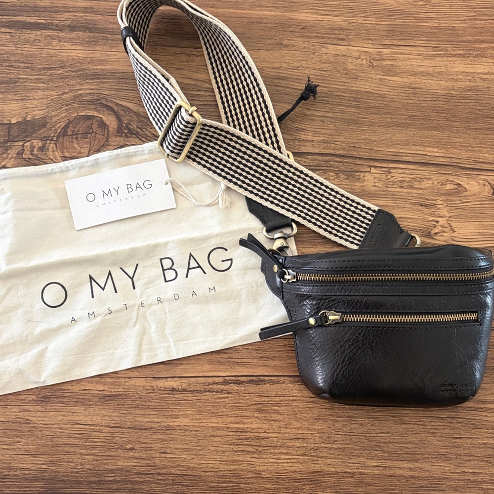 O My Bag Black Leather Crossbody / Belt Bag with Woven Strap